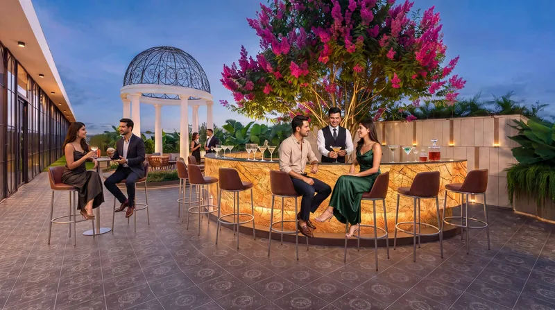 Garden bar under a flowering tree